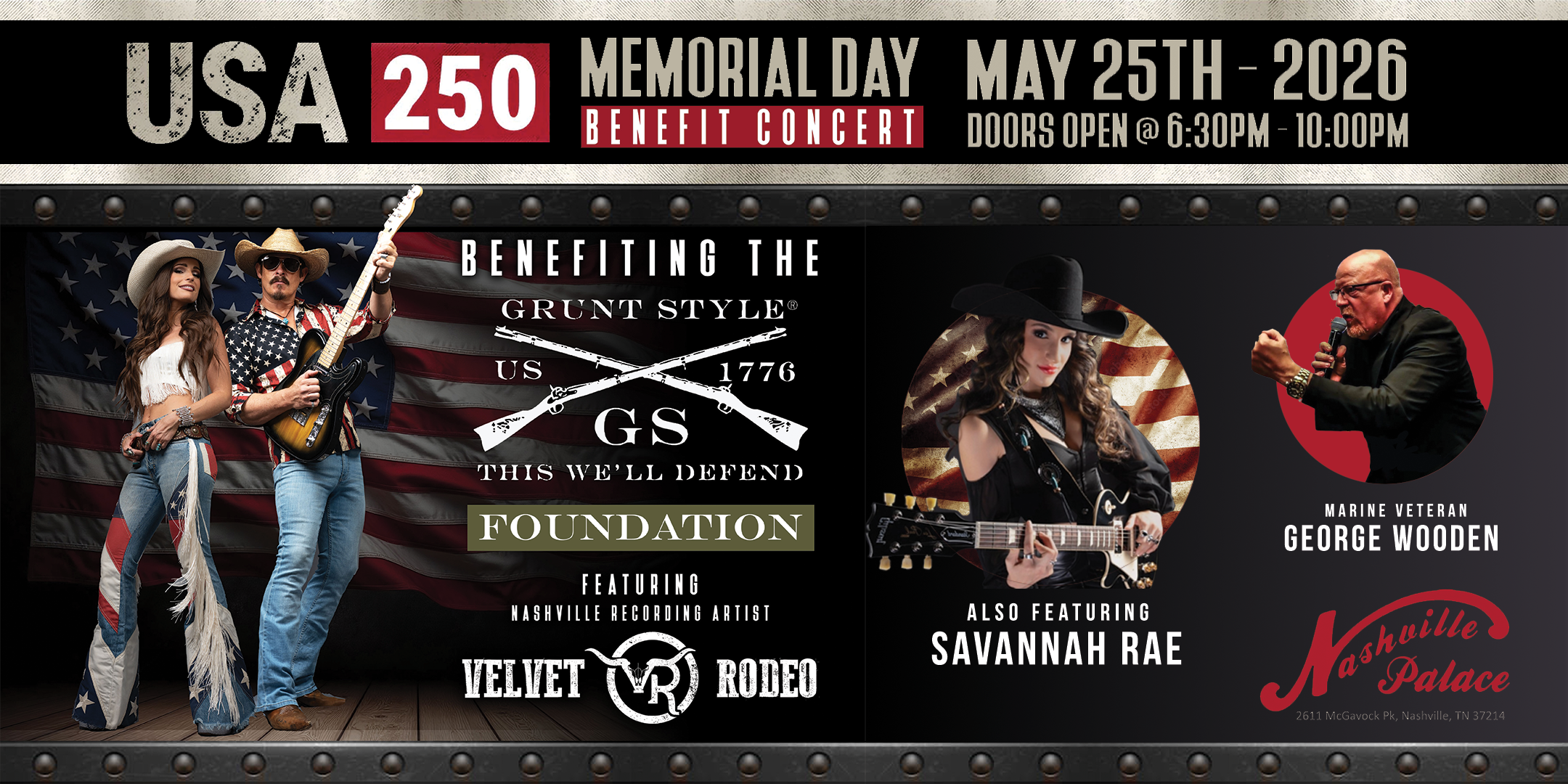USA 250 Memorial Day Benefit Concert — May 25, 2026 at Nashville Palace featuring Velvet Rodeo and Savannah Rae
